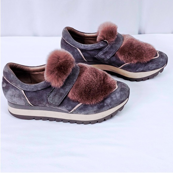 Ekonika Gray Suede‎ Platform Sneakers Women's Size 6 36 Fur Trim Hook Loop Strap - Picture 4 of 12